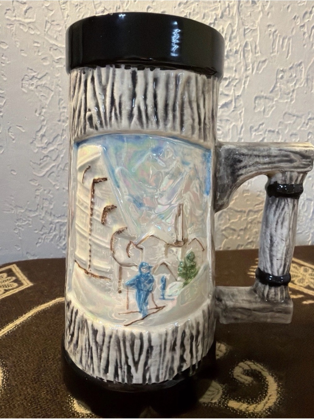 1970S Ceramic Beer Stein Alpine Ski Scene Handpainted With Wood Look 7 In Tall